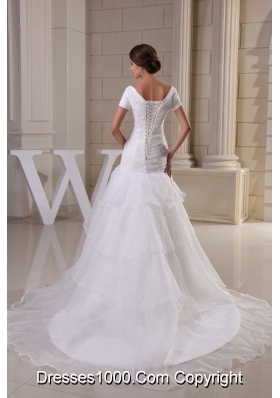 Appliques and Ruching V-neck Short Sleeves Wedding Dress