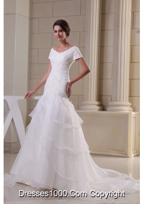 Appliques and Ruching V-neck Short Sleeves Wedding Dress