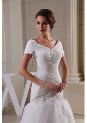 Appliques and Ruching V-neck Short Sleeves Wedding Dress