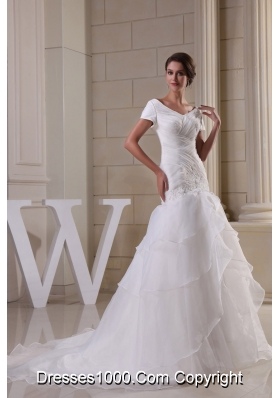 Appliques and Ruching V-neck Short Sleeves Wedding Dress