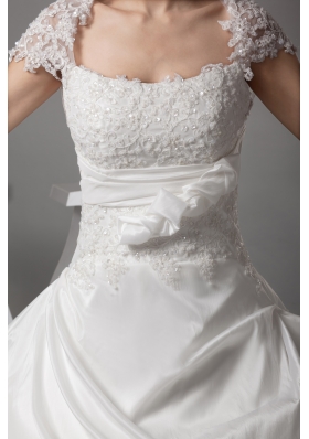 Appliques Ball Gown Cap Sleeves Square Neck Wedding Dress