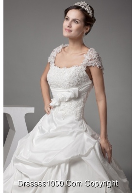 Appliques Ball Gown Cap Sleeves Square Neck Wedding Dress