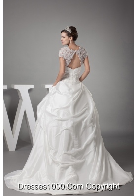 Appliques Ball Gown Cap Sleeves Square Neck Wedding Dress