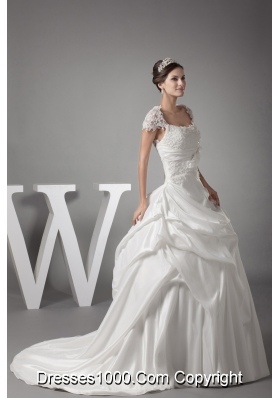 Appliques Ball Gown Cap Sleeves Square Neck Wedding Dress