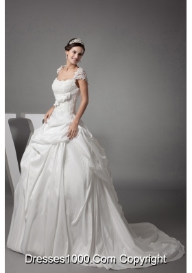 Appliques Ball Gown Cap Sleeves Square Neck Wedding Dress