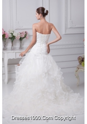 Appliques Court Train Mermaid Strapless Wedding Dress