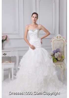 Appliques Court Train Mermaid Strapless Wedding Dress