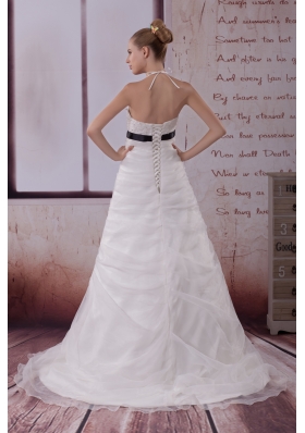 Appliques Halter Brush Train A-Line Wedding Dress in White