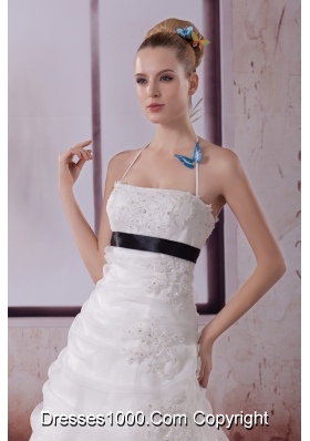 Appliques Halter Brush Train A-Line Wedding Dress in White