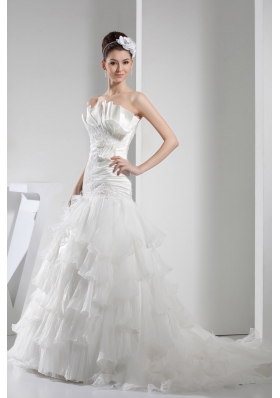 Appliques Pleats Strapless A-line Court Train Ruffled Layers Wedding Dress