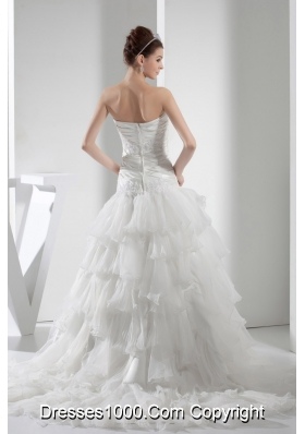 Appliques Pleats Strapless A-line Court Train Ruffled Layers Wedding Dress