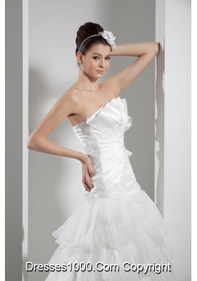 Appliques Pleats Strapless A-line Court Train Ruffled Layers Wedding Dress