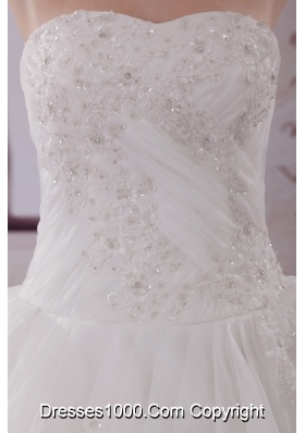 Appliques Strapless Brush Train Ball Gown Wedding Dress