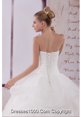 Appliques Strapless Brush Train Ball Gown Wedding Dress