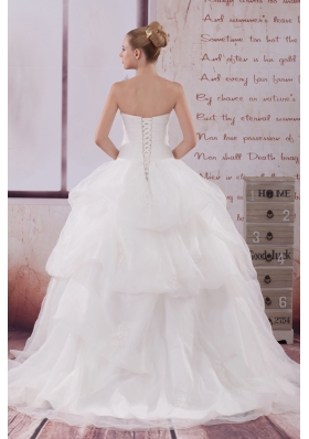 Appliques Strapless Brush Train Ball Gown Wedding Dress