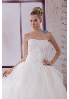 Appliques Strapless Brush Train Ball Gown Wedding Dress