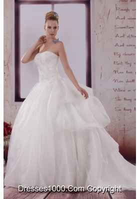 Appliques Strapless Brush Train Ball Gown Wedding Dress