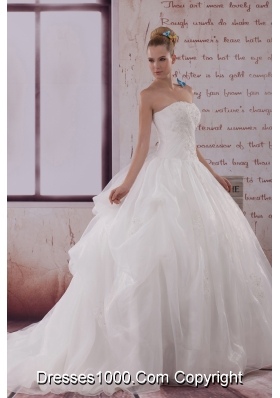 Appliques Strapless Brush Train Ball Gown Wedding Dress