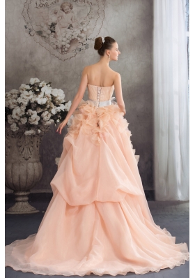 Baby Pink A-line Strapless Ruffles Sash Court Train Wedding Dress