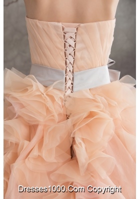 Baby Pink A-line Strapless Ruffles Sash Court Train Wedding Dress