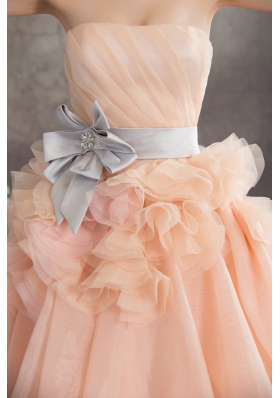 Baby Pink A-line Strapless Ruffles Sash Court Train Wedding Dress