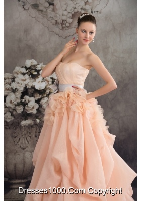 Baby Pink A-line Strapless Ruffles Sash Court Train Wedding Dress