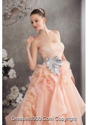 Baby Pink A-line Strapless Ruffles Sash Court Train Wedding Dress