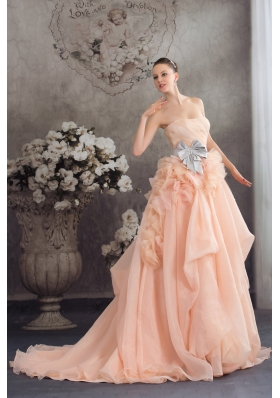 Baby Pink A-line Strapless Ruffles Sash Court Train Wedding Dress