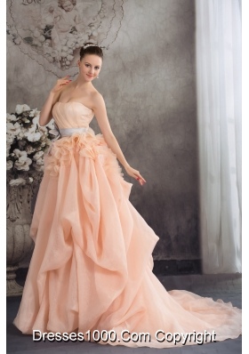 Baby Pink A-line Strapless Ruffles Sash Court Train Wedding Dress