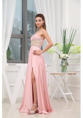 Baby Pink Beading High Slit Sweetheart Prom Dress