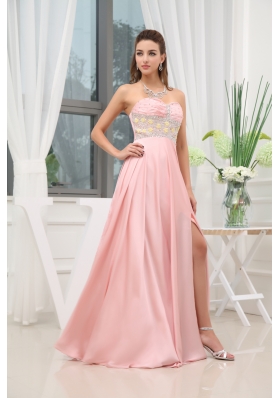 Baby Pink Beading High Slit Sweetheart Prom Dress