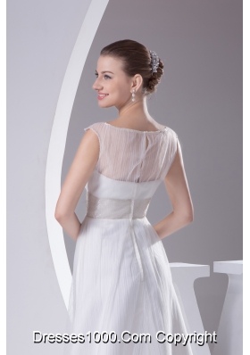 Bateau A-line Beading Brush Train Wedding Dress