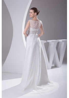 Bateau A-line Beading Brush Train Wedding Dress