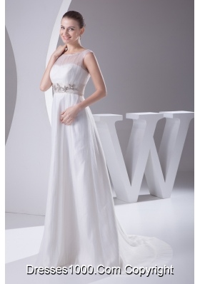 Bateau A-line Beading Brush Train Wedding Dress