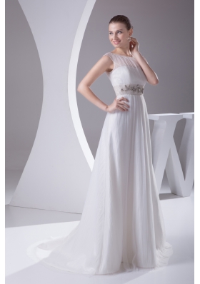 Bateau A-line Beading Brush Train Wedding Dress