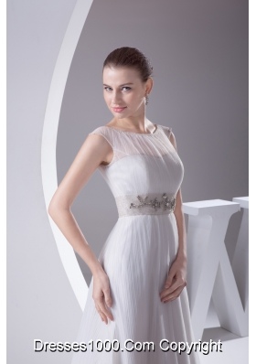 Bateau A-line Beading Brush Train Wedding Dress