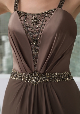 Beaded Decorate Shoulder Brown Straps Long Mother of the Bride Dress