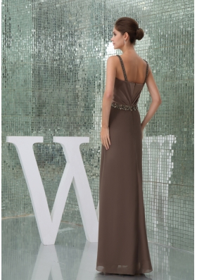 Beaded Decorate Shoulder Brown Straps Long Mother of the Bride Dress