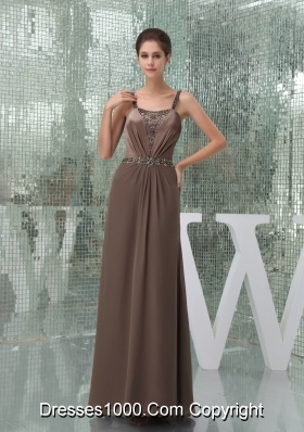 Beaded Decorate Shoulder Brown Straps Long Mother of the Bride Dress