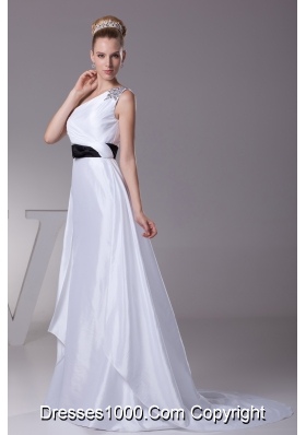 Beading A-Line Brush Train One Shoulder Wedding Dress