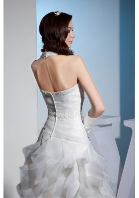 Beading and Lace Ruffled Layers Halter A-line Court Train Wedding Dress