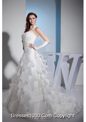 Beading and Lace Ruffled Layers Halter A-line Court Train Wedding Dress