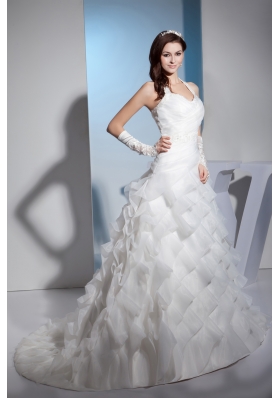 Beading and Lace Ruffled Layers Halter A-line Court Train Wedding Dress