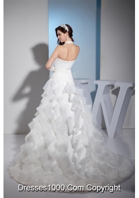 Beading and Lace Ruffled Layers Halter A-line Court Train Wedding Dress