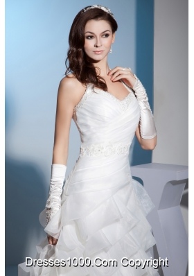 Beading and Lace Ruffled Layers Halter A-line Court Train Wedding Dress