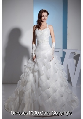 Beading and Lace Ruffled Layers Halter A-line Court Train Wedding Dress