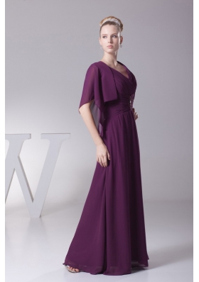 Beading and Ruching V-neck Long Mother of the Bride Dress