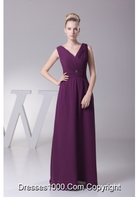 Beading and Ruching V-neck Long Mother of the Bride Dress