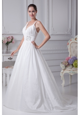 Beading Brush Train A-Line Straps Wedding Dress