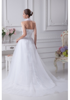 Beading Court Train Halter A-Line Wedding Dress with Fitted Waist